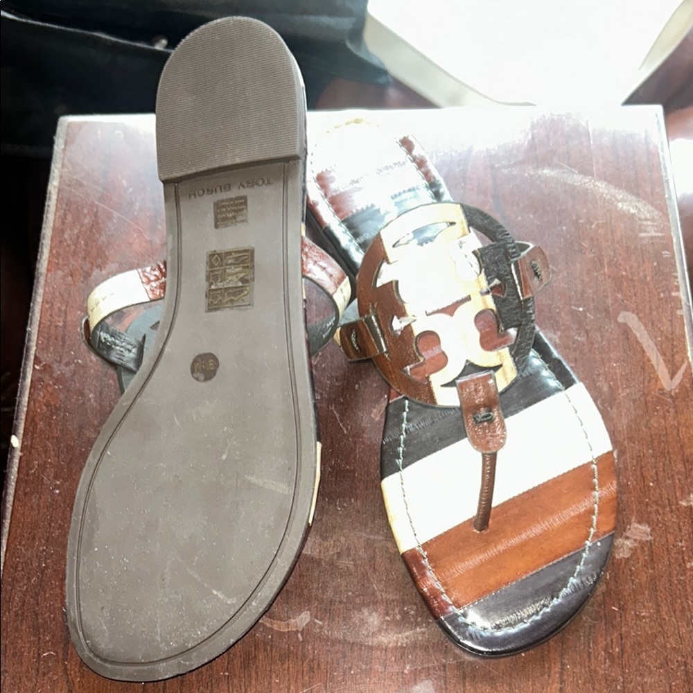 Tory Burch Brown and Black Striped Sandals